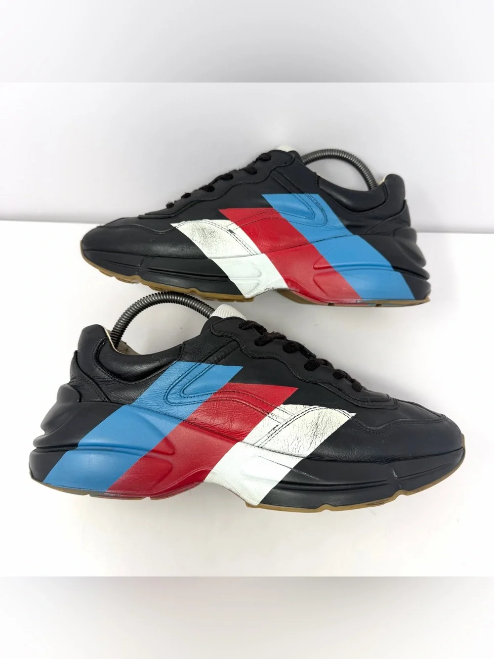 Gucci Men’s Rhyton 523535 Luxury Chunky Sneaker Sz 7 Black Leather Striped Shoe - Picture 3 of 10